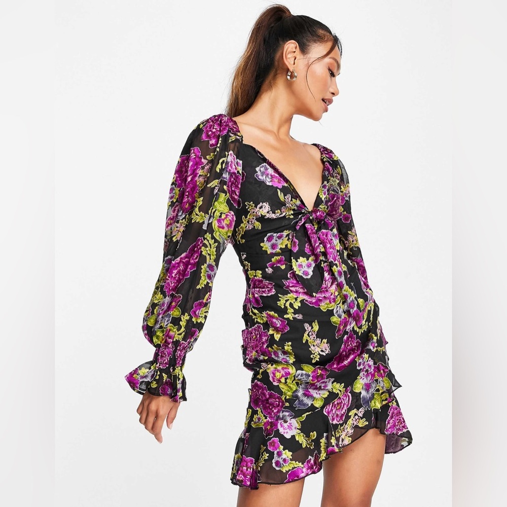 ASOS Women’s Gorgeous Long Sleeve Floral Front Tie Ruffle Wedding Event Dress 14
